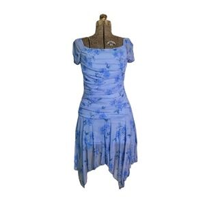 Vintage 90s Y2K Taboo Blue Floral Drop Waist Asymmetrical Hem Prom Hoco Size S/M